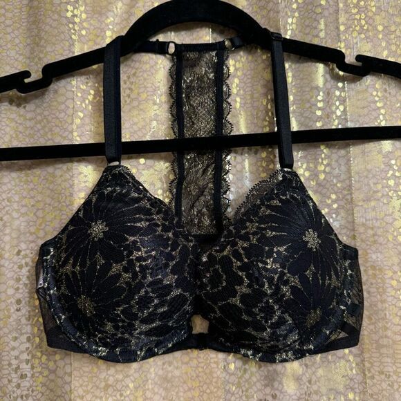 Victorias Secret Black Metallic Gold Push Up Front Clip Racerback Bra 32C - Picture 1 of 6